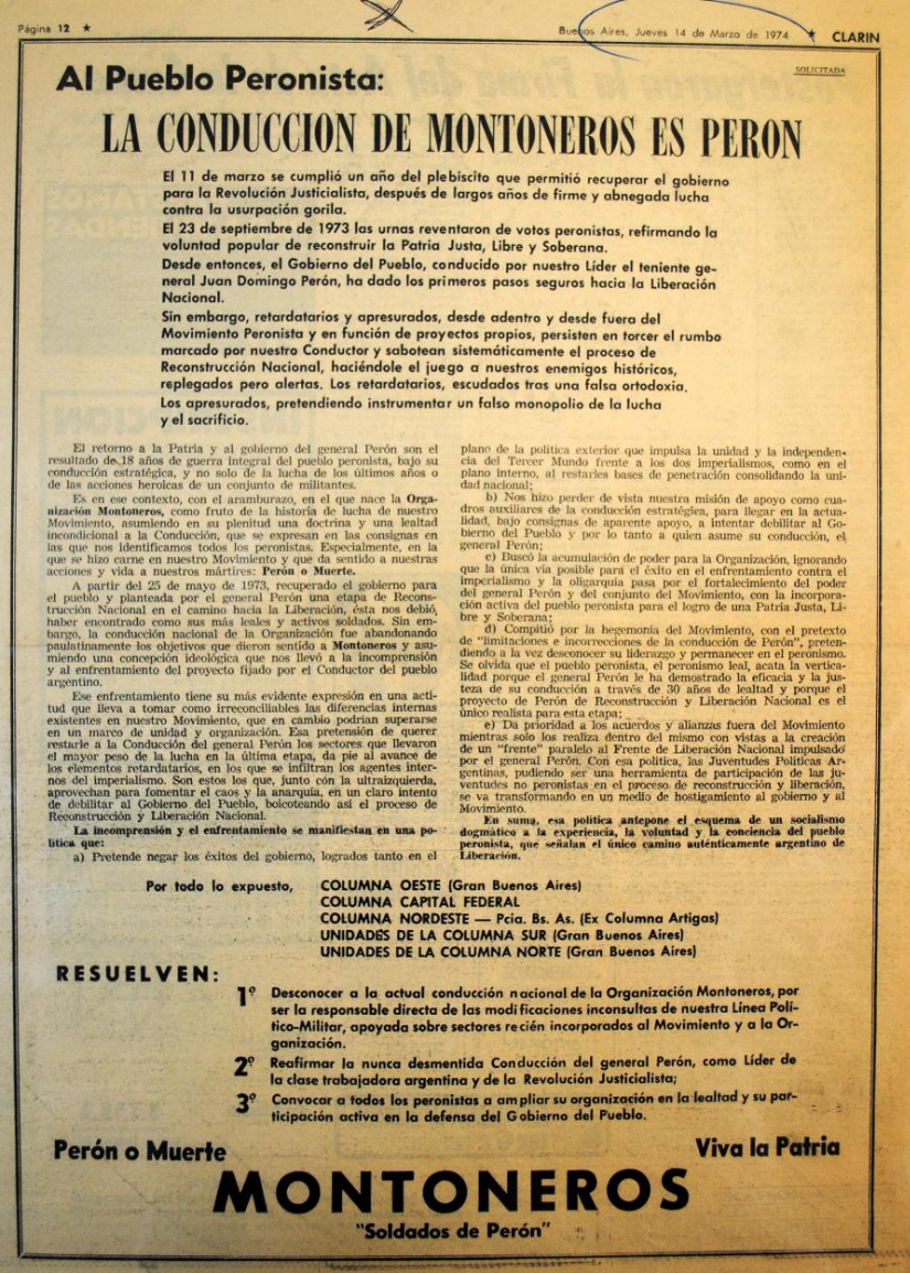 En la muerte de Perón: Montoneros, historia de una ruptura